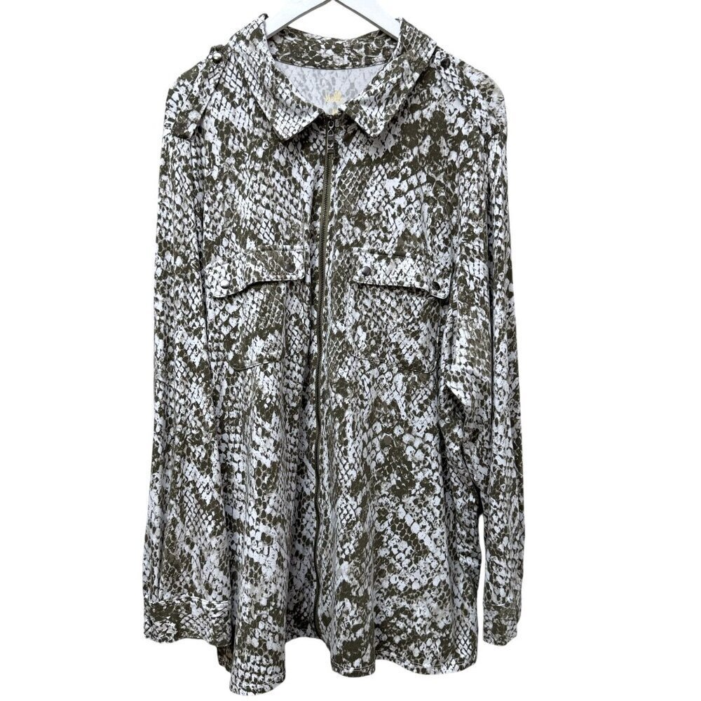 BELLE Kim Gravel Zip Front Top Plus Size 3X Olive Snakeprint Womens Jacket Tee